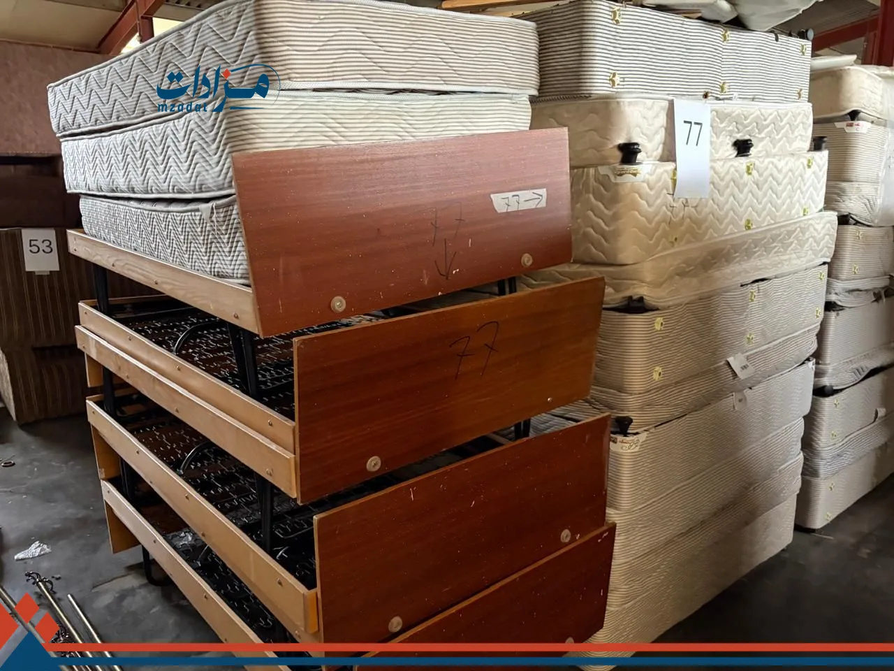 77. Wooden bed base(7)+  single mattress(2)+ Double bed base(5) + double mattress(5)+ double head board(5)